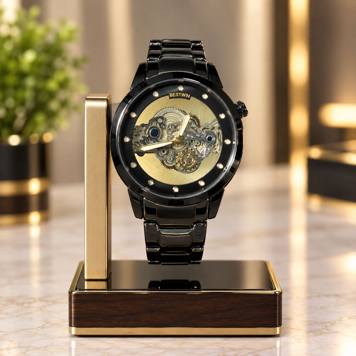 Luxury Black & Gold Skeleton Automatic Mechanical Watch for Men