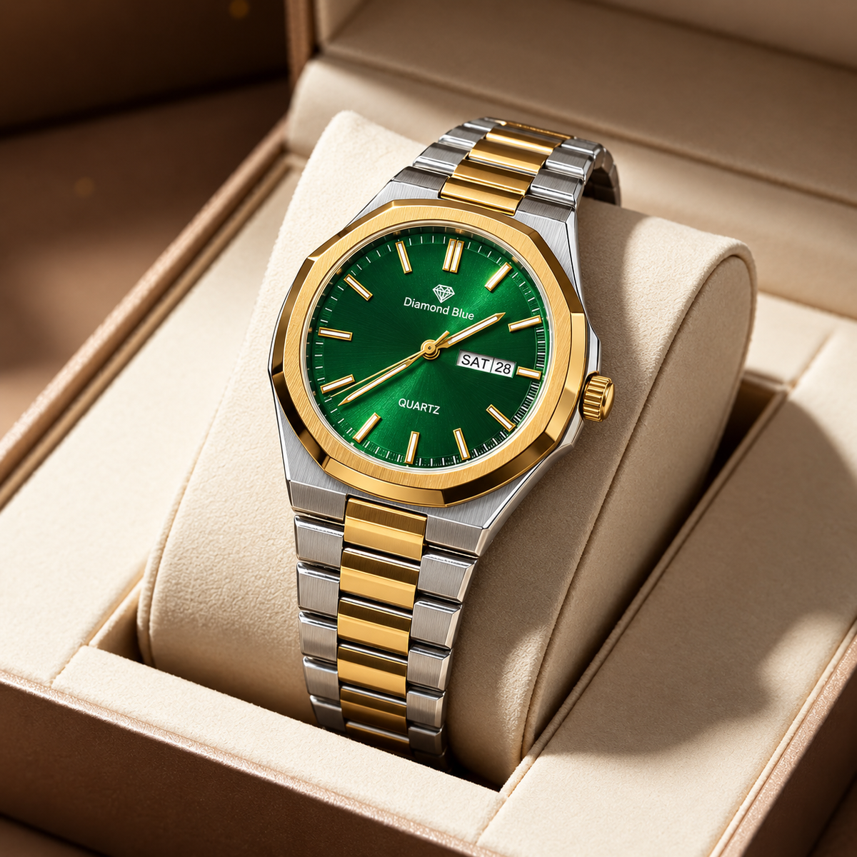 Diamond Blue Men’s Luxury Green Dial Two-Tone Stainless Steel Watch