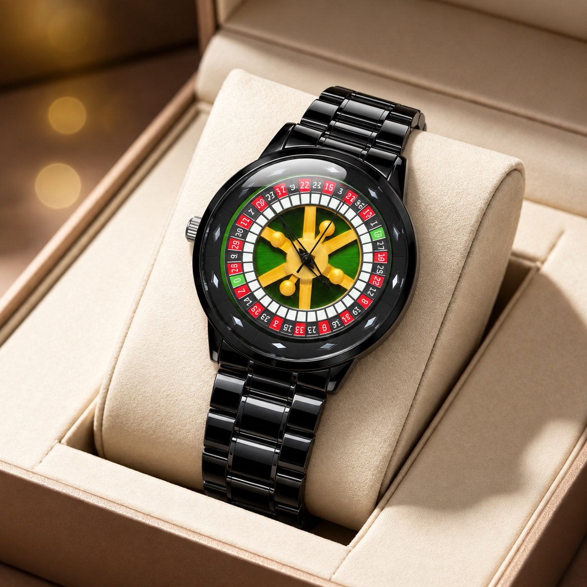 Luxury Black Stainless Steel Watch with Green & Gold Dial – Stylish Men’s Watch
