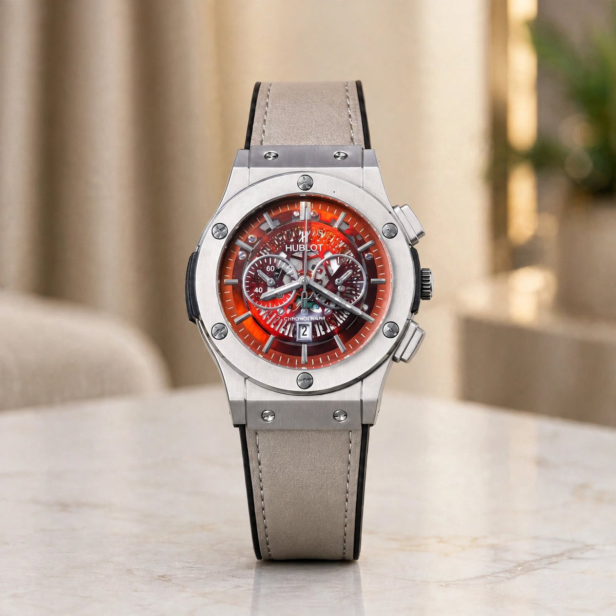 Luxury Silver Chronograph Watch with Red Skeleton Dial & Leather Strap