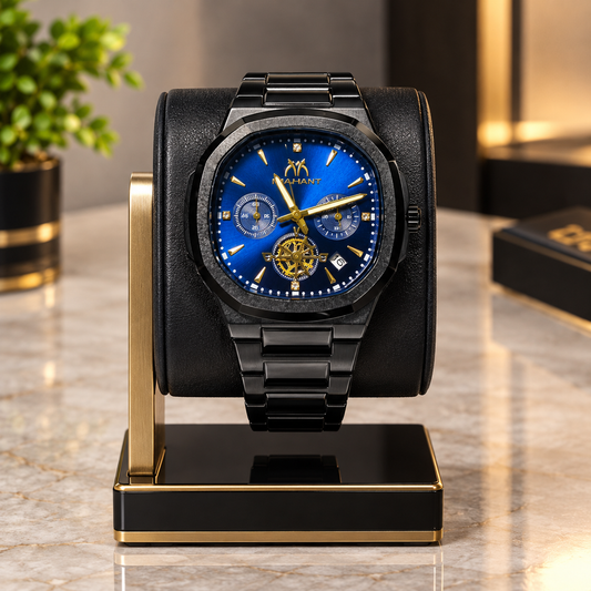 Luxury Black Men’s Chronograph Watch with Blue Dial & Gold Accents