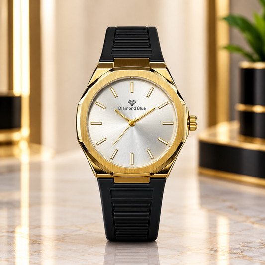 Luxury Gold-Tone Men’s Watch with Silver Dial & Black Silicone Strap