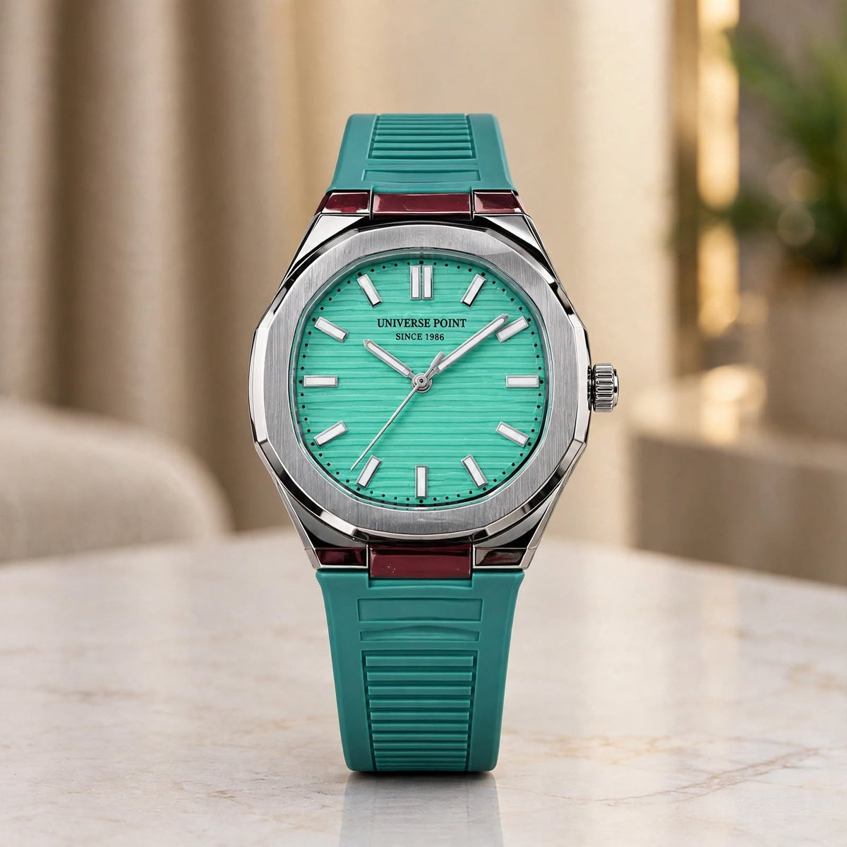 Luxury Turquoise Green Dial Silicone Strap Watch for Men – Stainless Steel Case